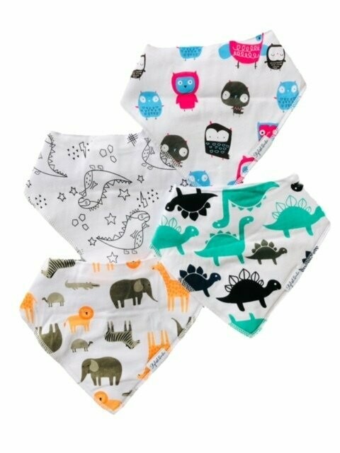 Set of 4 Dinosaur Secure Clip Bibs - Dribble Proof