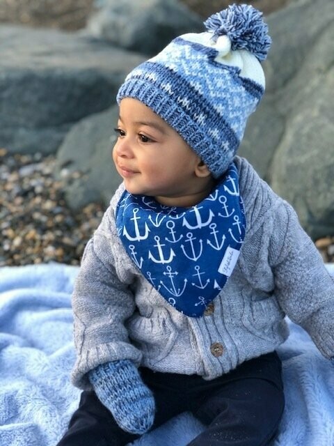 Blue Knitted Pom Pom Hat & Mittens Set