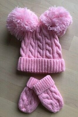 Infant Pink Cable Knit Pom Pom Hat & Mittens Set. (Personalised option)