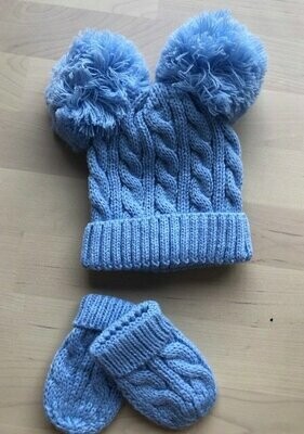 Infants Blue Cable Knit Hat & Mittens 0-6 months (Personalised option)