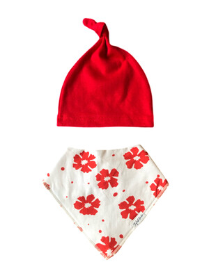 Red Flower Secure Clip Baby Bandana Bib & Knotted Beanie Hat
