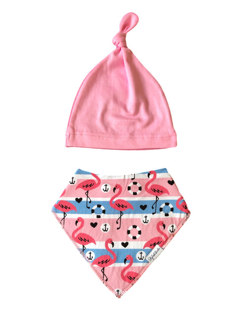 Pink Flemingo  Dribble Proof Bandana Bib & Knotted Beanie Hat