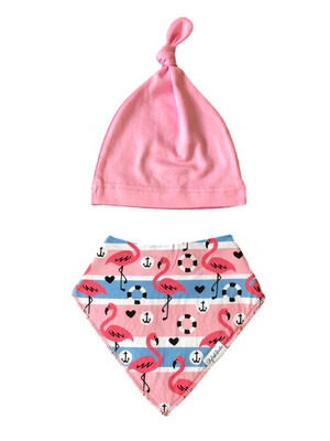 Pink Flemingo Dribble Proof Bandana Bib & Knotted Beanie Hat