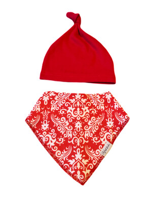 Red Design Dribble Proof Bandana Bib & Knotted Beanie Hat