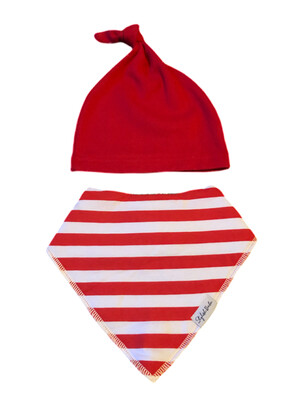 Red Stripe Drool Proof Bandana Bib & Knotted Beanie Hat