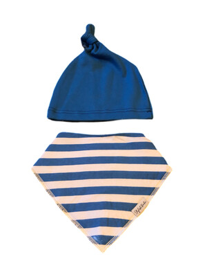 Blue Stripe Dribble Proof Bib & Knotted Beanie Hat