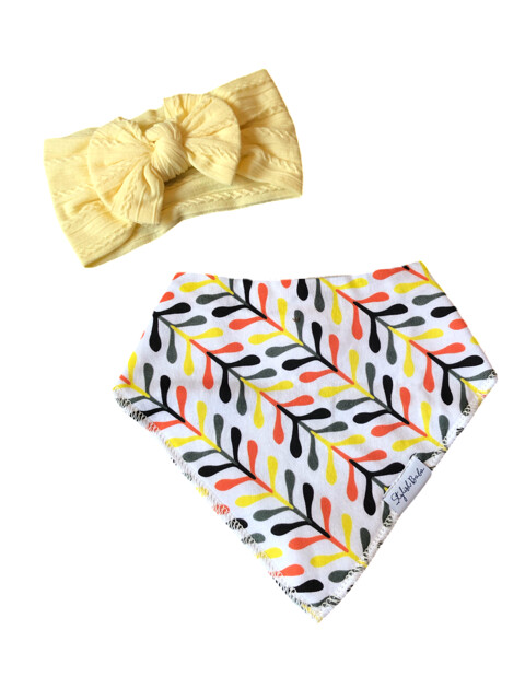 Yellow Cable Knot Bow Headband & Paint Drool Proof Bandana Bib