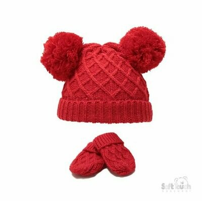 Red Diamond Knit Pom Pom Baby Hat & Mittens Set (Personalised Option)
