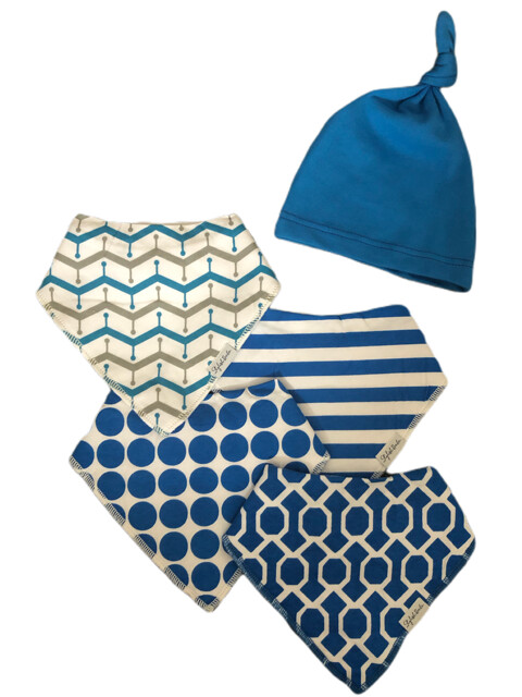 Set of 4 Blue Design Drool Proof Bibs & Blue Knotted Beanie Hat