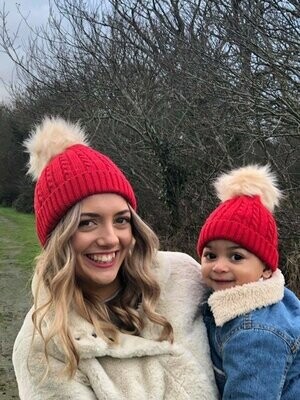 Adult & Baby Matching Red Pom Pom Knit Hats