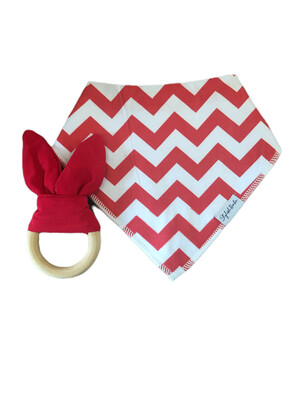 Red Zigzag Bib & Wooden Teether Ring