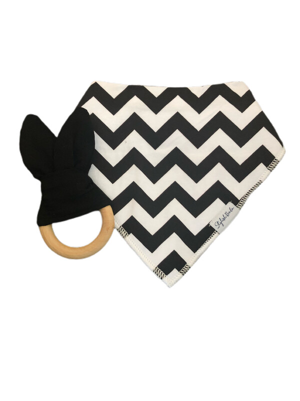 Black Zigzag Bib & Wooden Teether Ring