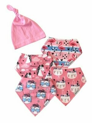 Set of 4 Cool Pink Drool Proof Bibs & Pink Knotted Beanie Hat