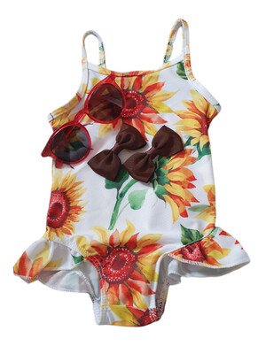 Staycation Set - Sunflower Swimsuit, Red Sunglasses & 2 Brown Bows