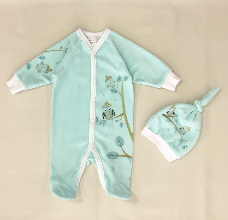 Aqua Cozy Velour Owl Babygrow & Hat Set