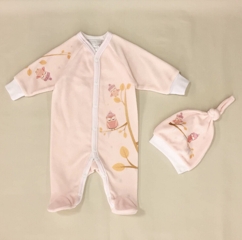 Pink Cozy Owl Velour Babygrow & Hat Set