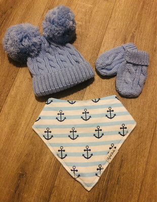 Blue Anchor Bib & Pom Pom Hat & Mittens Set
