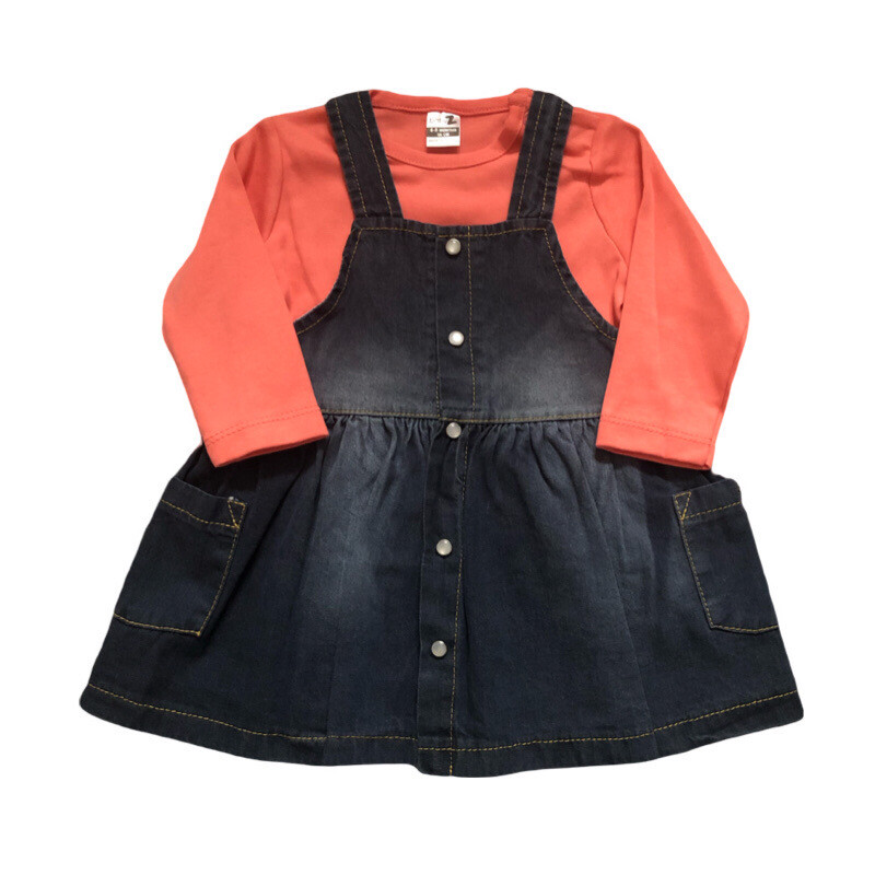 Girls Pinafore Button Up Dress & Coral Top Girls Pinafore Button Up Dress & Coral Top