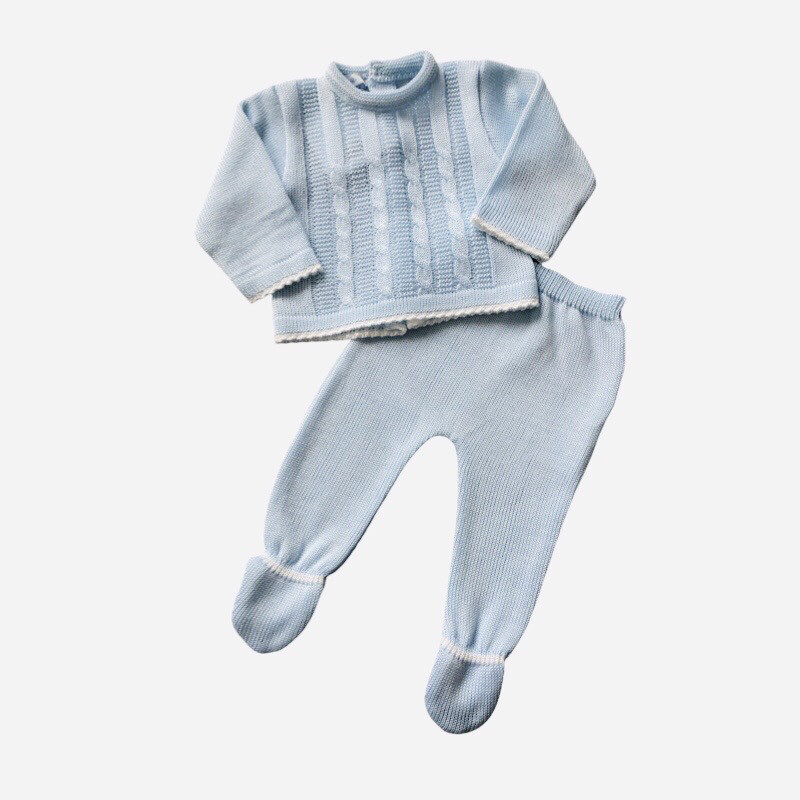 Blue 2 Piece Knitted Pram Set