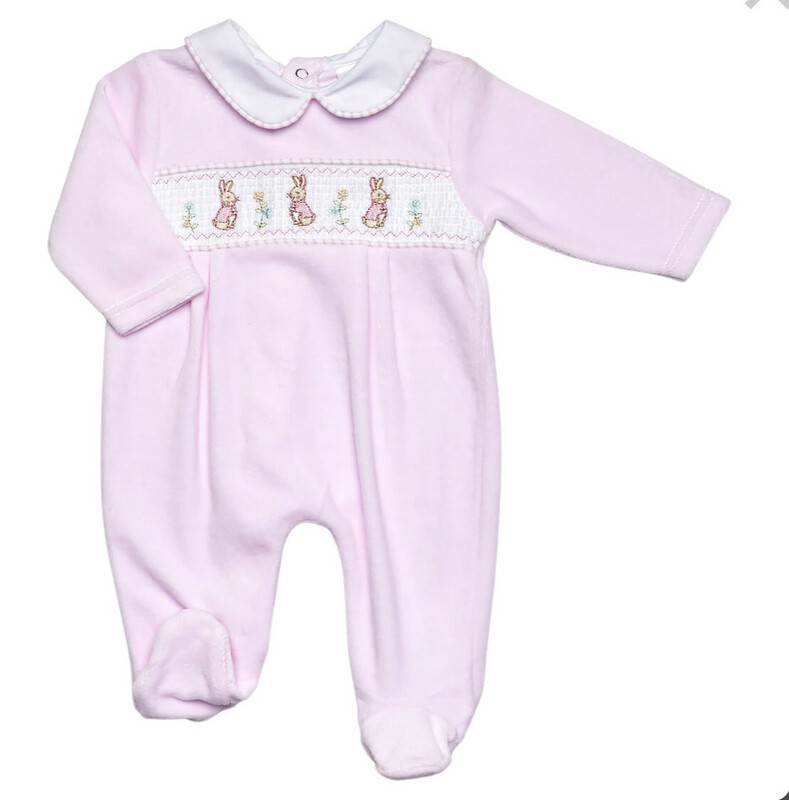 Baby Girls Smocked Velour Bunny Babygrow