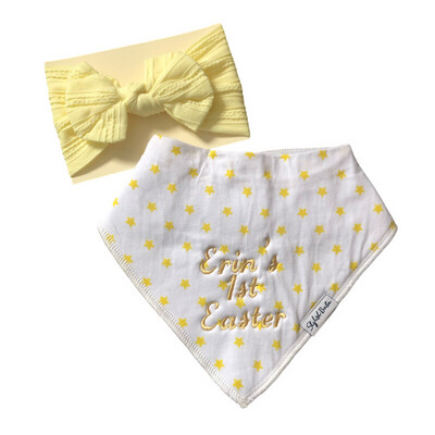Personalised Yellow Stars Baby Bib & Knot bow Headband