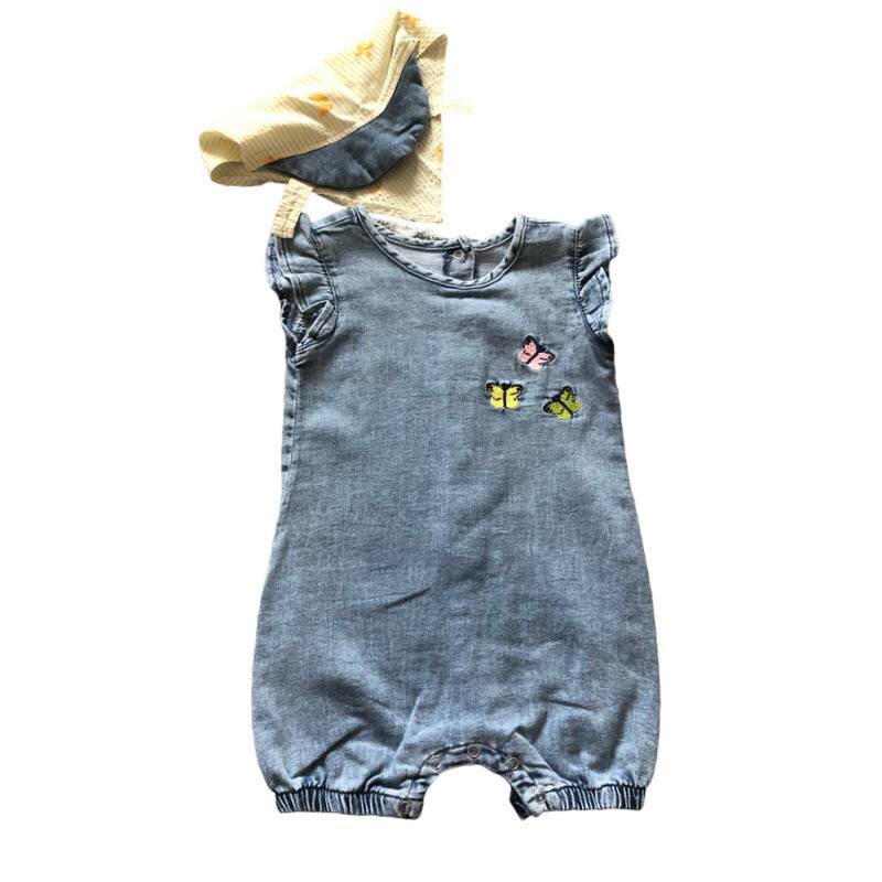 Butterfly Embroidered Denim Romper & Bandana. Butterfly Embroidered Denim Romper & Bandana.