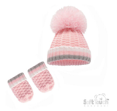 Pink Ribbed Pom Pom Hat & Mittens Set