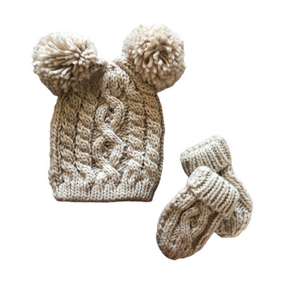Cosy Beige Chunky Knit Hat & Mittens Set - 12-24months