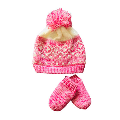 Pink Design Knitted Hat & Mittens Set