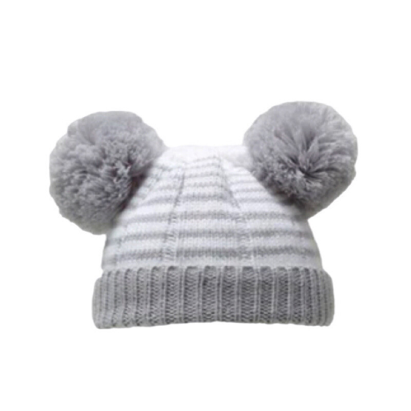 Grey Stripe Pom Pom Knit Hat