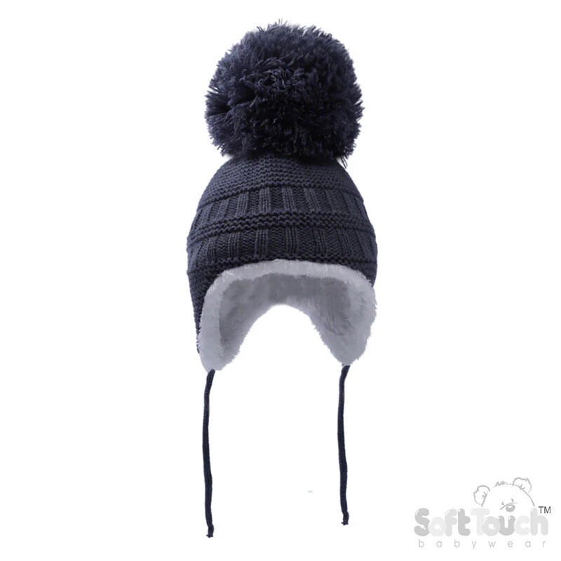 Navy Fur Lined Pom Pom Hat