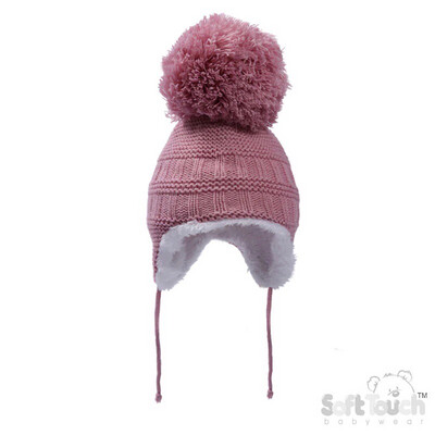 Dusty Pink Fur Lined Pom Pom Baby Hat