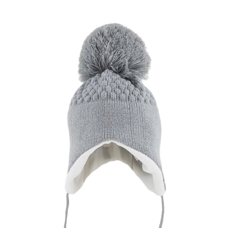 Grey Fleece Lined Pom Pom Hat