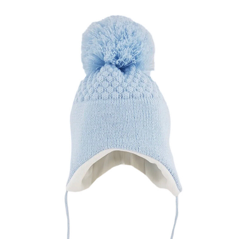 Blue Fleece Lined Pom Pom Hat
