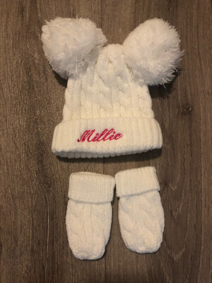 Infants White Cable Knit Pom Pom Hat & Mittens. (Personalised option)