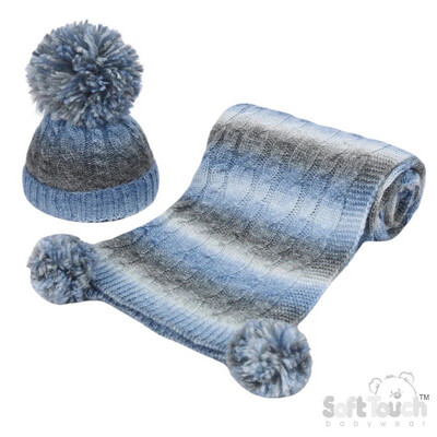 Blue & Grey Pom Pom Baby Hat and Blanket Set