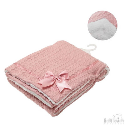 Rose Gold Cable Knit Baby Blanket With Satin Trim And Bow