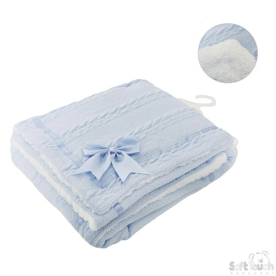 Baby Blue Cable Knit Blanket With Satin Trim And Bow