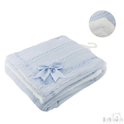 Baby Blue Cable Knit Blanket With Satin Trim And Bow