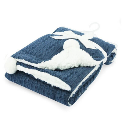Steel Blue Cable Knit Pom Pom Baby Blanket