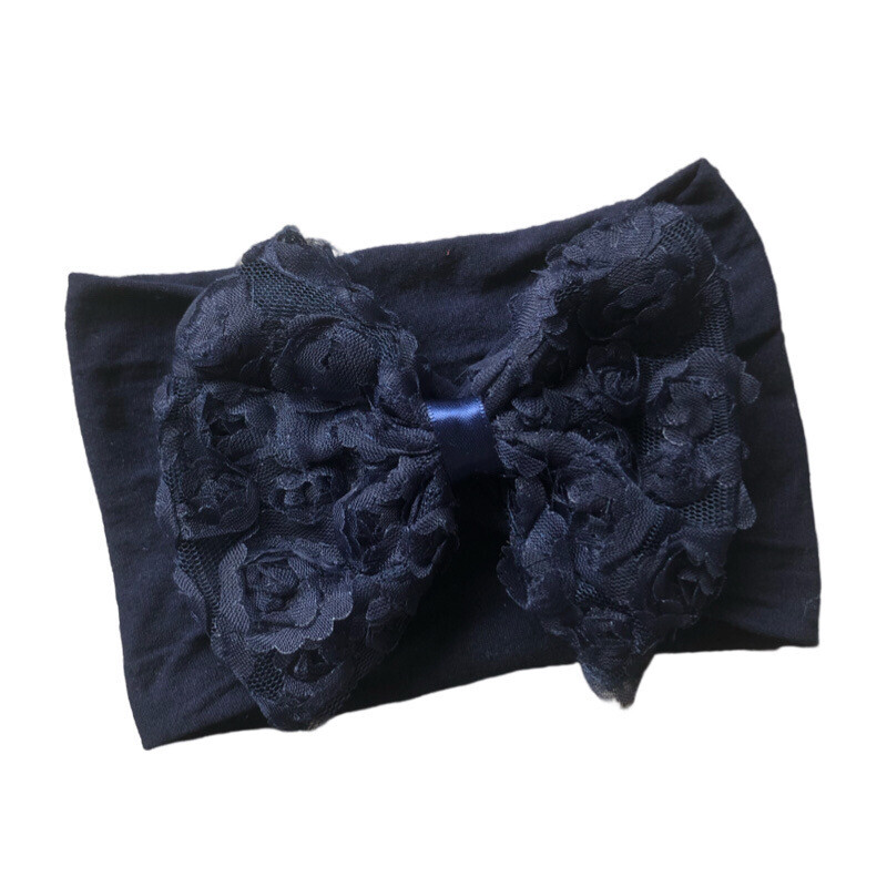 Navy Nylon Floral Bow Baby Headband