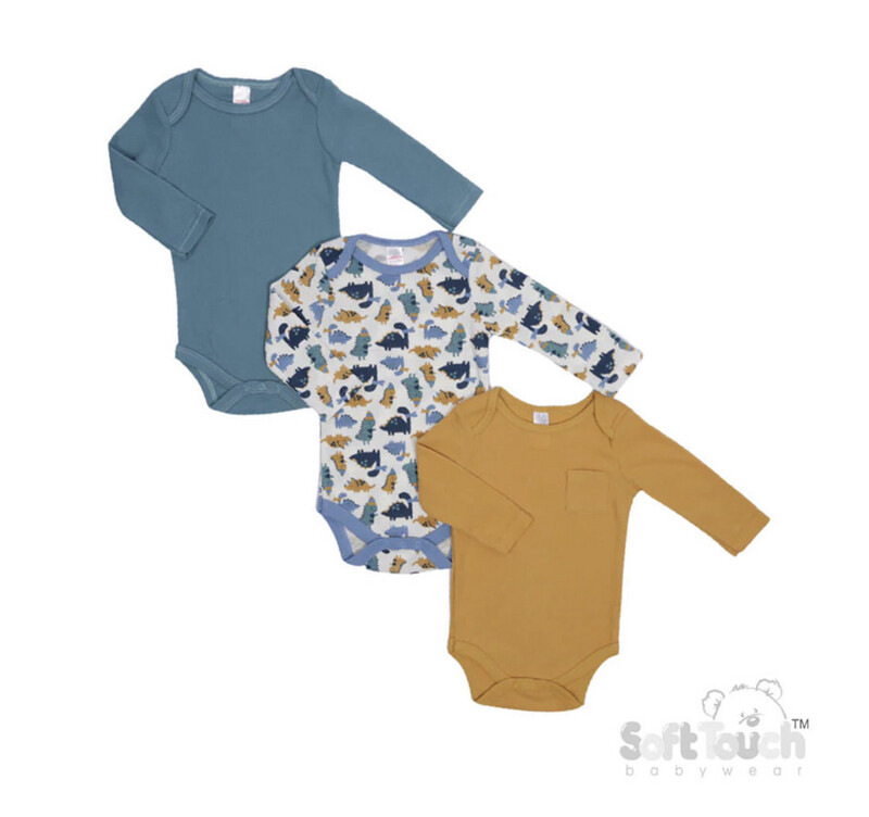 Set of 3 Thermal Dinosaur Baby Bodysuit Set