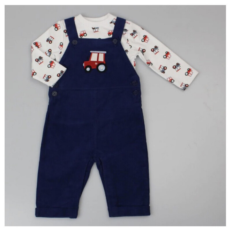 Navy Blue Corduroy Tractor Dungaree & Top Set