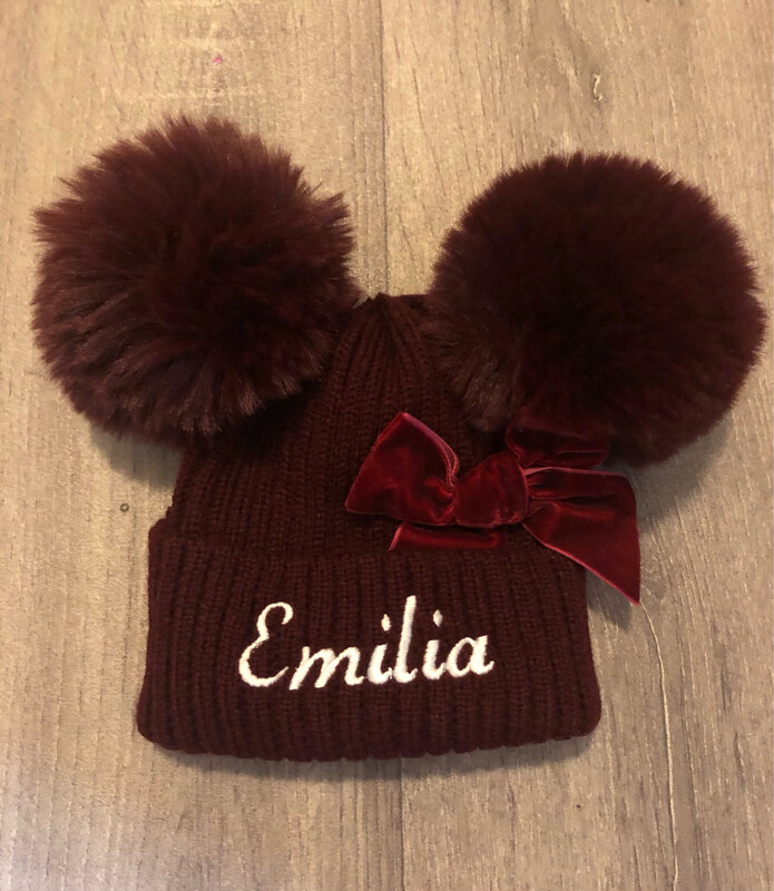 Burgundy Pom Pom Hat With Velvet Bow (Personalised Option)
