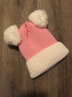 Pink & White Pom Pom Baby Hat (Personalised Option)