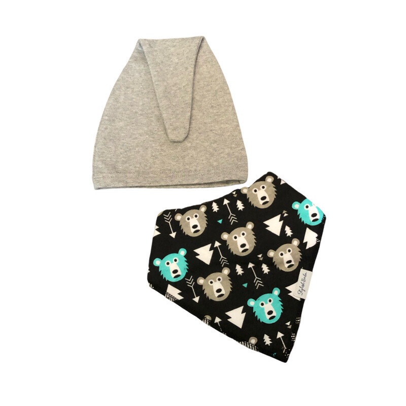 Winter Bear Secure Clip Bandana Bib & Knotted Beanie Hat