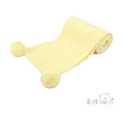 Lemon Yellow Cable Knit Pom Pom Blanket