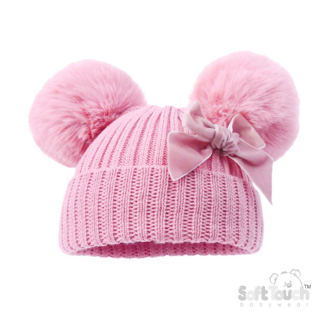 Pink Pom Pom Hat With Velvet Bow (Personalised Option)