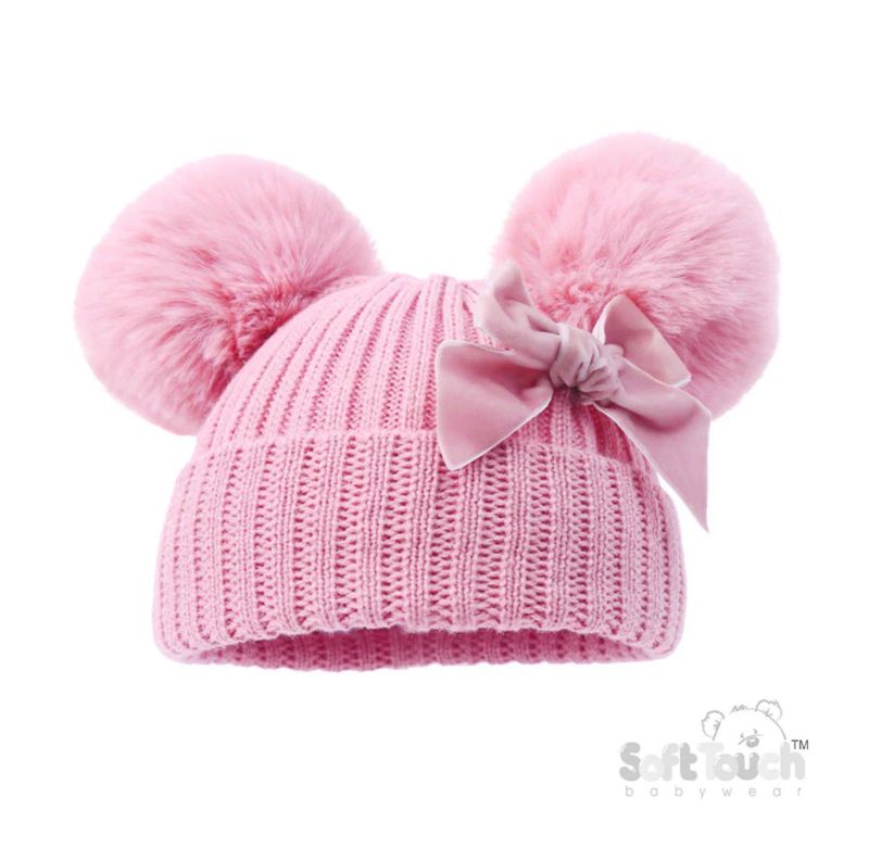 Pink Pom Pom Hat With Velvet Bow (Personalised Option)