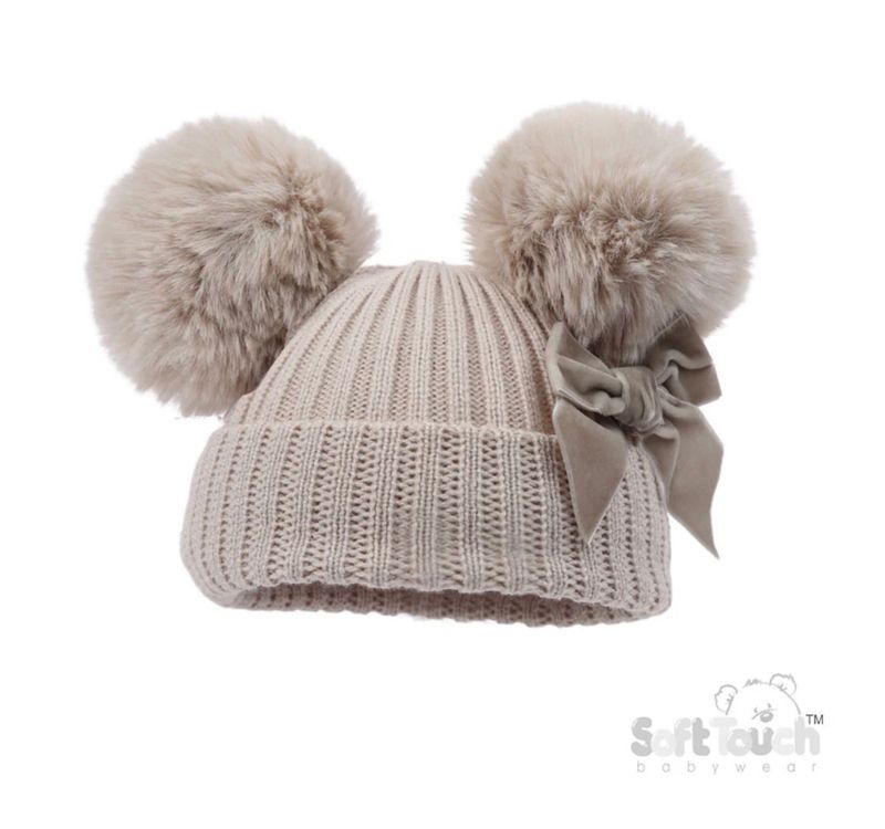 Biscuit Pom Pom Baby Hat With Velvet Bow (Personalised Option)